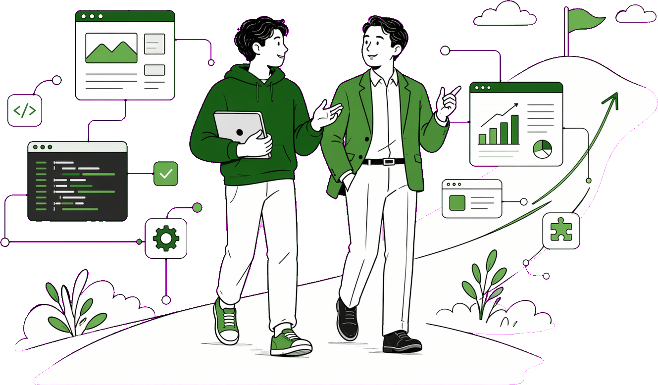 エンジニアと企業担当者が伴走しながら成長へ向かうイラスト