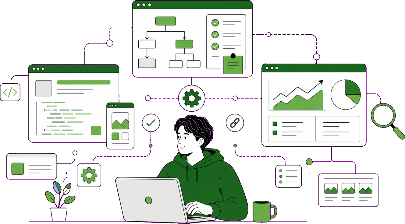 DX支援、Web開発、SEO設計を技術でつなぐイラスト