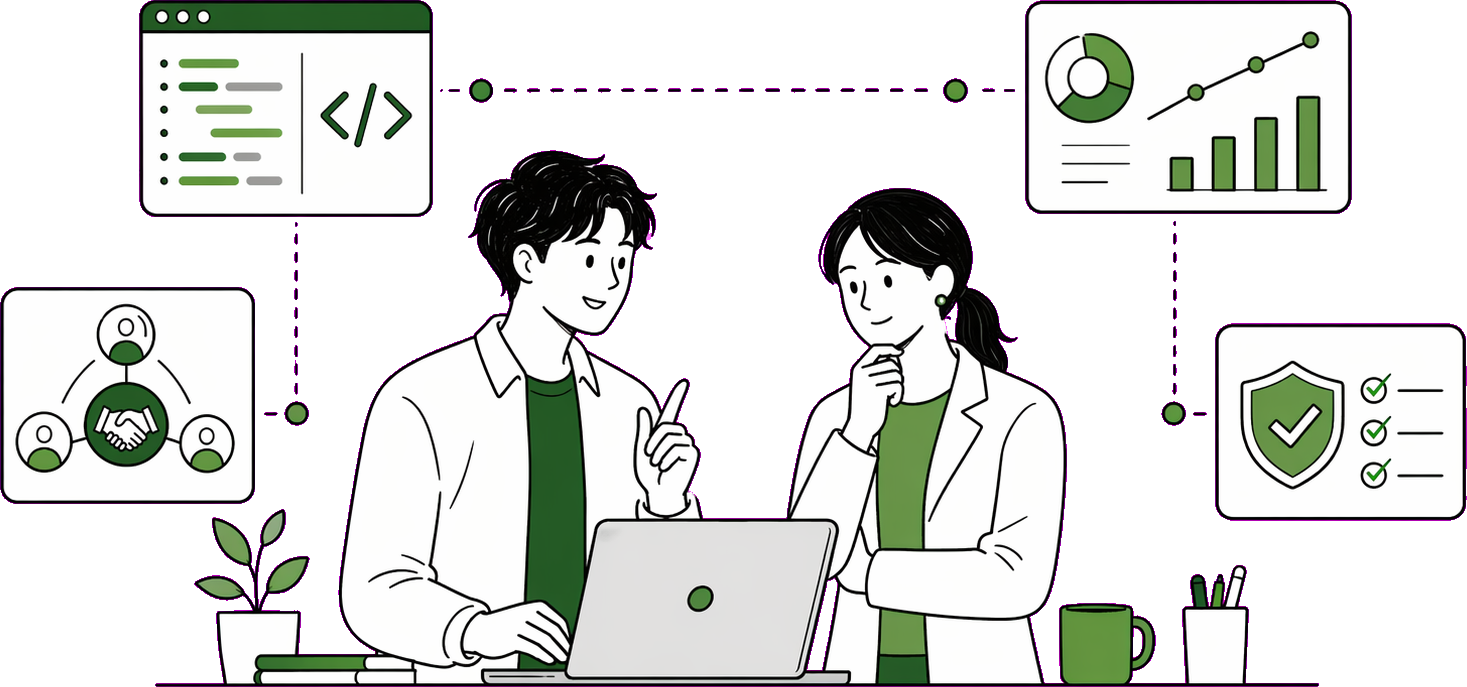 技術力、設計品質、信頼関係を支えるOIDEMAの強みを表したイラスト