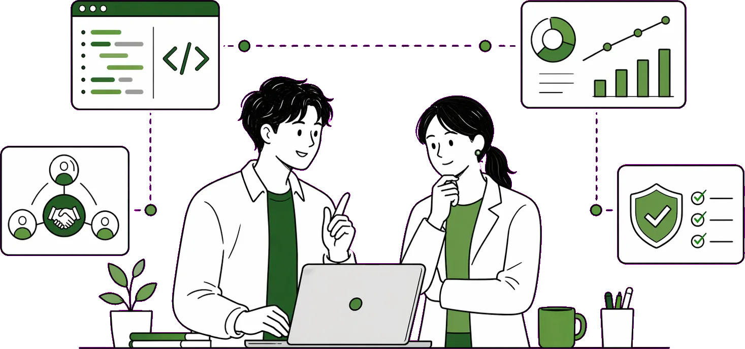 技術力、設計品質、信頼関係を支えるOIDEMAの強みを表したイラスト
