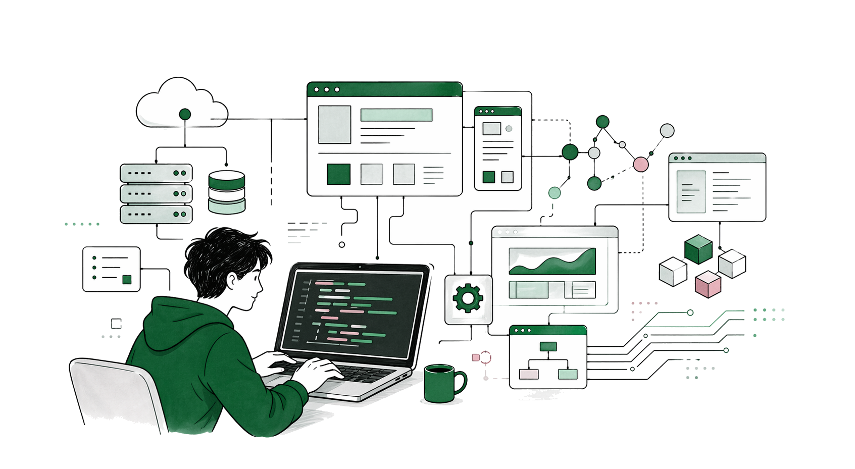 エンジニアリング、Web開発、データ連携を表すイラスト