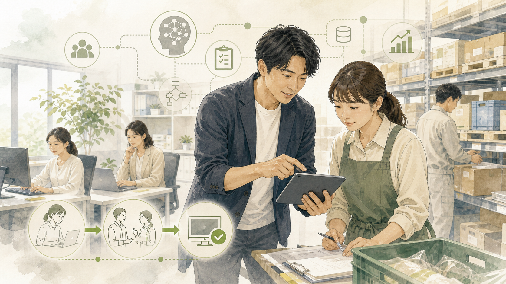 開発者が現場担当者と並んで実際の業務を確認するイラスト