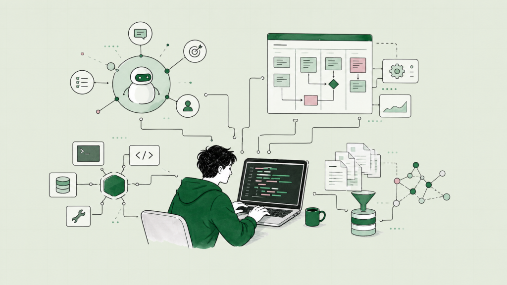 AI開発キーワードをまとめたエンジニアリングイラスト
