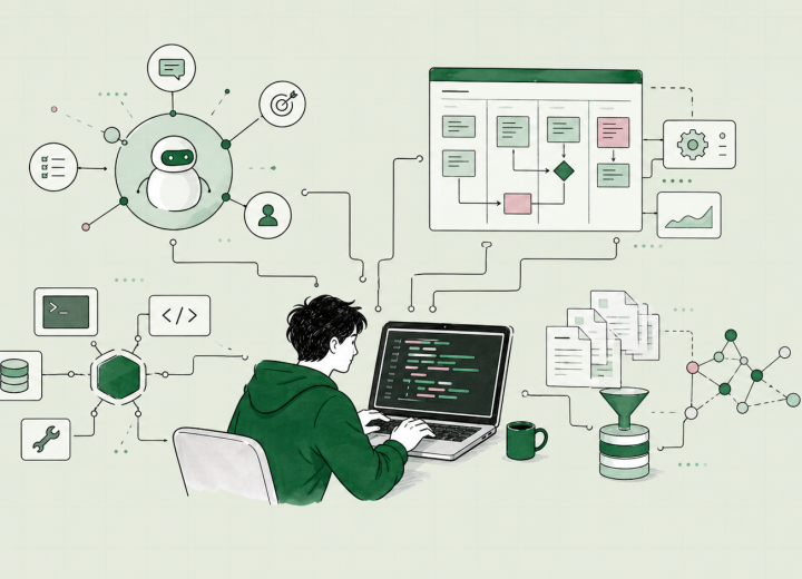 AI開発キーワードをまとめたエンジニアリングイラスト